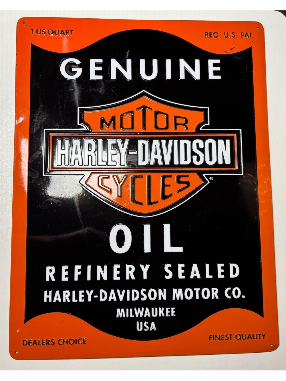 Vintage Harley Davidson Motorcycles Genuine Oil Porcelain Enameled Metal Sign